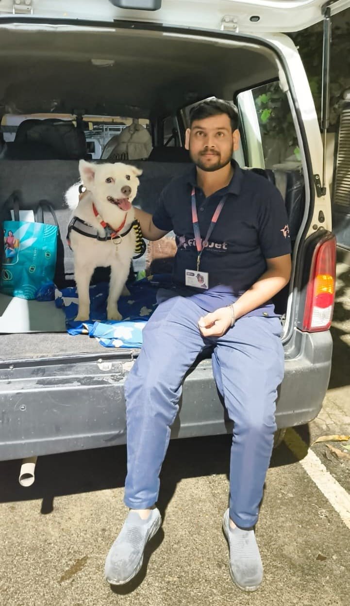 FidoJet handler with a happy dog in the transport vehicle during a Kochi pickup